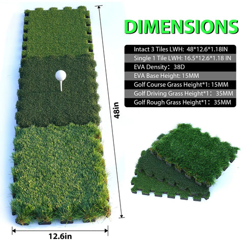 Tri Turf Golf Hitting Mat With Thick EVA Foam Base And Tri Turf Tiles for Indoor Outdoor Backyard Practice with dimensions shown