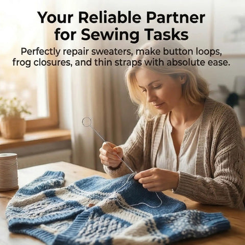 Woman using a Five Piece Loop Turner Sewing Tool Set With 10.43 Inch Stainless Steel Hooks With Latch on a sweater