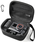 Open hard shell travel case for Insta360 Ace Pro 2 Xplore Grip Pro bundle with custom molded fit, accessories, and carabiner.