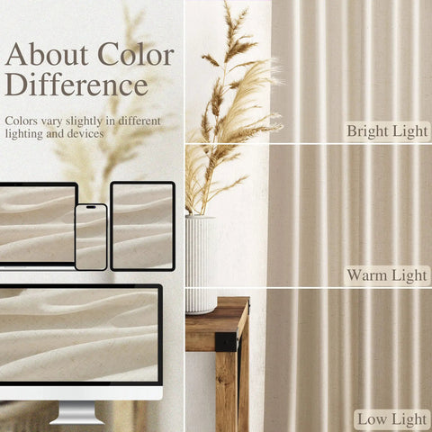 Birch Beige Linen Curtains 84 Inches Long Light Filtering Semi Sheer Back Tab Drapes with light variations displayed