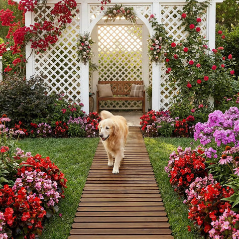 6 Ft Roll Out Garden Pathway Straight Non Slip Wooden Walkway With Rounded Edges in floral garden with dog walking