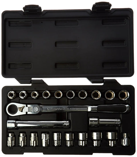 23 Piece Three Eighths Inch Drive Pass Thru 6 Point Mechanic Tool Set SAE And Metric with thin head profile in open case