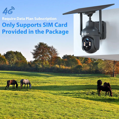 Heavy Duty Solar Security Camera With 4G LTE And Built In Sim Card For Outdoor Wireless Use, mounted in a green pasture with horses.