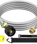 12Ft Stainless Braided Propane Hose With Gauge Connector 1lb To 20lb Tank Converter, brass fittings, gauge, and accessories