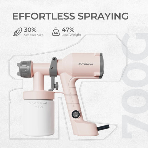 Ultra Light Paint Sprayer Gun For Indoor And Outdoor Work Featuring Sweet Pink Body with ergonomic design and 600ml cup, shown from the side.