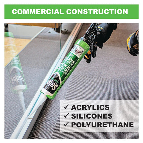 B12 B Line Manual Caulking Gun For Ten Ounce Cartridges, 12 To 1 Drive, in use on commercial construction project, laying sealant