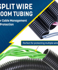 Split Wire Loom Tubing 3 Eighths Inch By 50 Feet Flexible Cable Wrap for outdoor and indoor wires in black, covering cables.