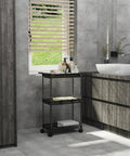 Slim 3 Tier Rolling Storage Cart for Narrow Spaces Black Metal Frame with Easy Glide Casters in bathroom setting