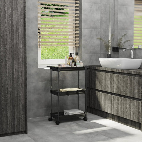 Slim 3 Tier Rolling Storage Cart for Narrow Spaces Black Metal Frame with Easy Glide Casters in bathroom setting