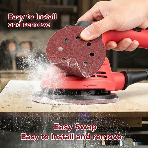 Solid 100 Pcs 5 Inch Sanding Discs With Hook And Loop Backing For Random Orbital Sanders in action on wood surface.