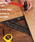 Person using 7 Inch Aluminum Rafter Square For Carpentry with gradations on wood plank, showing angles and measurements.