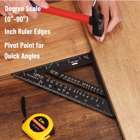 Person using 7 Inch Aluminum Rafter Square For Carpentry with gradations on wood plank, showing angles and measurements.
