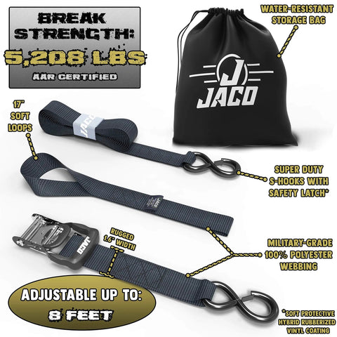 Heavy Duty Ratchet Straps With Soft Loops 1.6 Inches By 8 Feet Pack Of Four For Motorcycles ATVs And Trailers 5208 Lbs Break Strength Tough As Nails Hauling Kit In Black