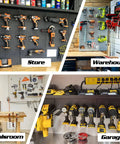 Collage of Magnetic Power Tool Organizer Wall Mount Rack With Screwdriver Holder And Removable Tool Rack Heavy Duty Cordless Drill Storage for different settings: store, warehouse, toolsroom, garage.