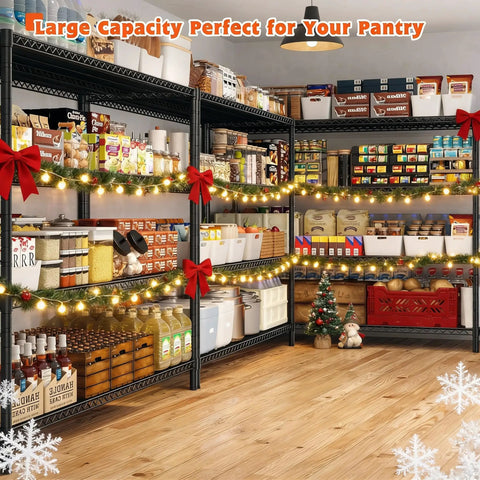 60 Inch Wide Beefy Heavy Duty On Wheels Wire Shelving Rack With Adjustable Shelves Built For Garage Pantry Kitchen Basement Warehouse School Or Office Use For Home And Business Storage Solutions filled with pantry items and festive decor.