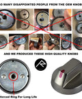 Comparison of worn OEM knobs and high-quality Replacement Oven Knobs Set For Black Stainless Steel Ranges Easy Grip Control Knobs.