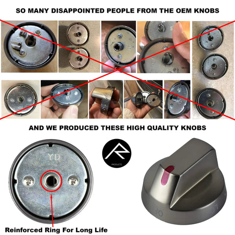 Comparison of worn OEM knobs and high-quality Replacement Oven Knobs Set For Black Stainless Steel Ranges Easy Grip Control Knobs.