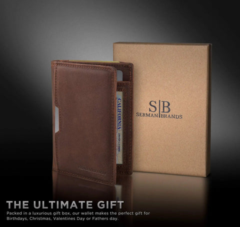 Ultra Slim Leather RFID Blocking Minimalist Wallet For Men in front of branded packaging with card slots visible