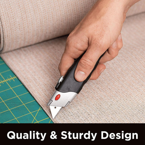 Internet's Best retractable utility knife with rubber handle; hand-held close-up showing the blade.