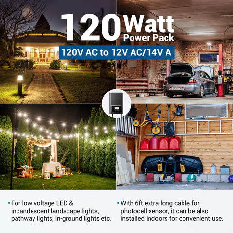 Low Voltage Transformer With Timer And Photocell Sensor For Outdoor Landscape Lighting 120W 12V To 14V AC Weatherproof ETL Listed