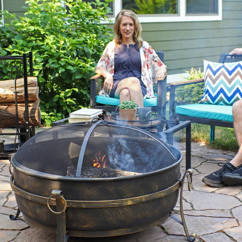 Outdoor 34 Inch Wood Burning Fire Pit Bowl With Spark Screen, Log Poker, And Grate For Backyard, Patio Or Campground Gatherings