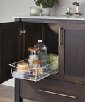 Top Shelf Pull Out Cabinet Organizer, Heavy Duty Pantry Drawer Rack For Kitchen Laundry Room, Rock Solid Slide Out Storage Rack For Pots Towels And Cleaning Supplies, Clean White in dark cabinet.