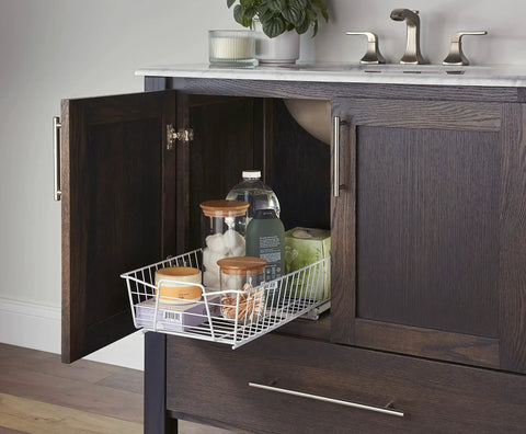 Top Shelf Pull Out Cabinet Organizer, Heavy Duty Pantry Drawer Rack For Kitchen Laundry Room, Rock Solid Slide Out Storage Rack For Pots Towels And Cleaning Supplies, Clean White in dark cabinet.