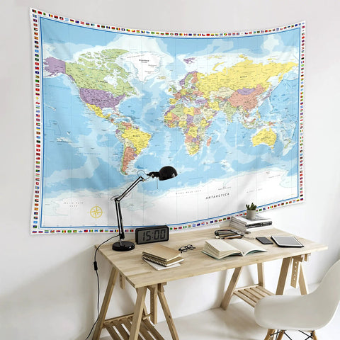World Map Tapestry Wall Hanging For Kid Friendly Classrooms With Country Flags Educational Geography Wall Art 60x80 Inches displayed above a study desk.