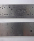 Six Inch Rigid Stainless Steel Machinist Ruler Pro Grade With 4R Graduations Of 32nd 64th 8th And 16th Increments, Point Zero Four Zero Inch Thick, Made In USA Chrome Finish, top view of rulers showing detail.