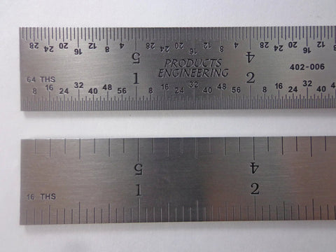 Six Inch Rigid Stainless Steel Machinist Ruler Pro Grade With 4R Graduations Of 32nd 64th 8th And 16th Increments, Point Zero Four Zero Inch Thick, Made In USA Chrome Finish, top view of rulers showing detail.