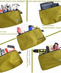 Five Pack 20 Oz Heavy Duty Canvas Tool Zipper Bags for Gear Storage with tools, IT accessories, and labels visible.