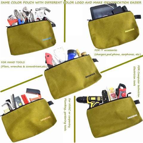 Five Pack 20 Oz Heavy Duty Canvas Tool Zipper Bags for Gear Storage with tools, IT accessories, and labels visible.