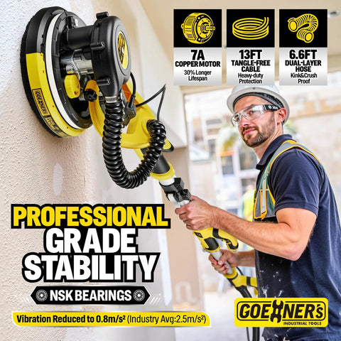 Pro Level Drywall Sander With Full Vacuum Hookup For Popcorn Ceilings Smoothly Eats Up Fine Dust Featuring Beast Mode Variable Speed Shaft Built In Bright LED Lamp And Heavy Gear Setup For Zero Mess Job Sites.