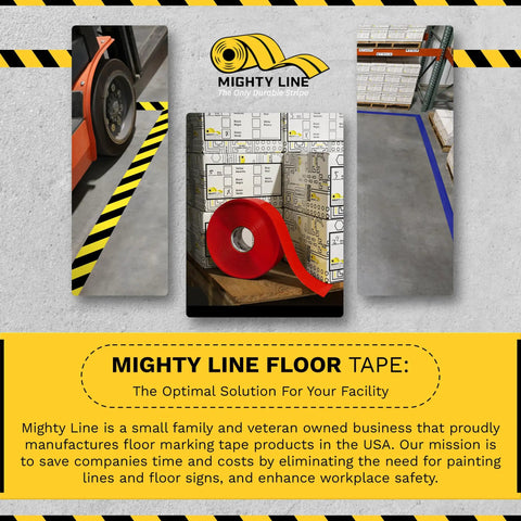 Built Like A Rock 5S Floor Marking Tape Yellow 6 Inch Wide 100 Foot Roll Heavy Duty Industrial Beveled Edge in warehouse setting.
