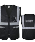 Rock Solid High Visibility Security Vest Crafted For Day Shift Crews With Full Zipper Front Five Spacious Pockets And Bright Reflective Tape That Keeps You Clearly Visible Meets Ansi Safety Rules In Jet Black Xl front and back view with reflective tape and pockets