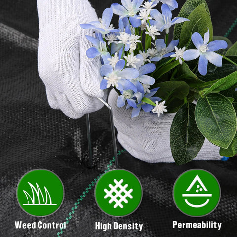 Weed Barrier Landscape Fabric Heavy Duty 3.2oz Ground Cover Mat installed with U Shaped Pegs in garden with flowers