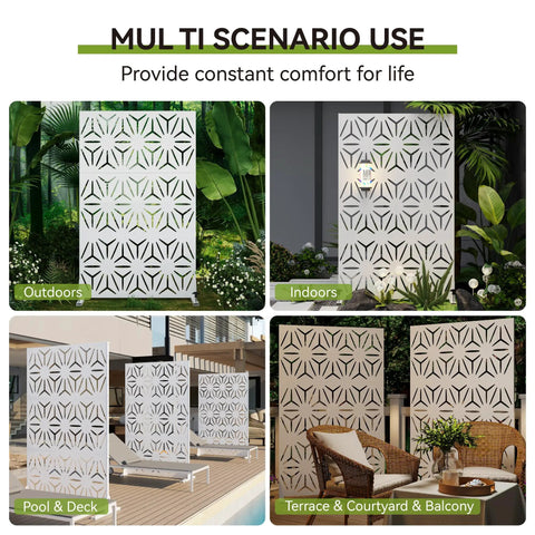 72 Inch Tall Metal Privacy Screen Three Panel Outdoor Freestanding Privacy Panel For Patio Backyard Deck With Anti Tipping Kit Weather Resistant Steel And Easy DIY Assembly Modern Geometric Design In White