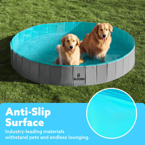Foldable Dog Pool Portable Hard Plastic Kiddie Bath Tub For Pets And Kids Anti Slip Collapsible Indoor Outdoor Backyard Use Gray 71 Inch By 12 Inch with dogs