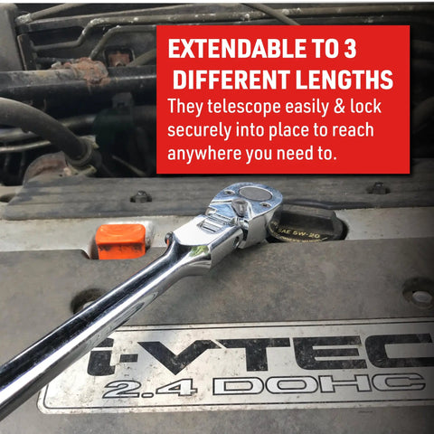 3-Piece Extendable Ratchet Set With Telescoping Handles And 180 Degree Pivoting Flex Heads in engine bay