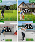 10x7 Ft Golf Practice Net With Scoring Targets, Tri Turf Mat, Tee, Balls in park, yard, garage, and patio settings