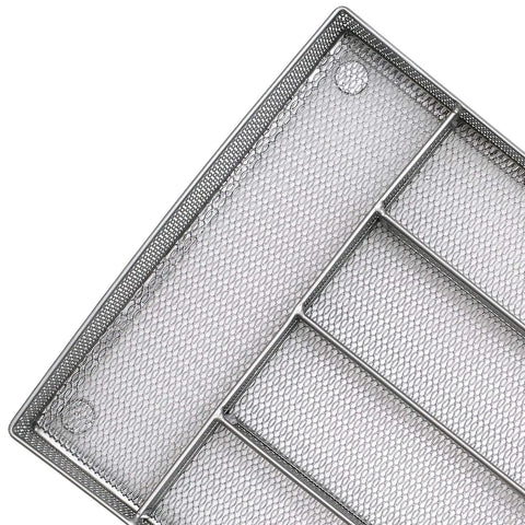 Close-up of Durable Mesh Wire Cutlery Drawer Organizer With Non Slip Foam Feet Five Compartment Silverware Tray for Kitchen Storage
