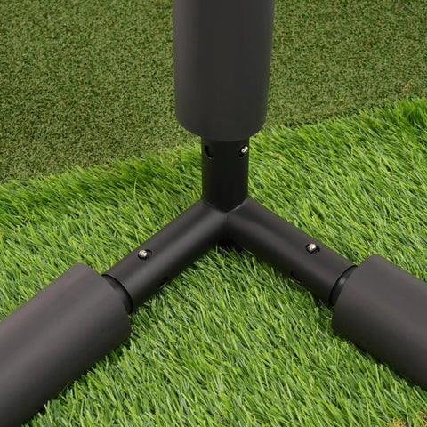 Close-up of steel frame joints on the Golf Practice Cage With Steel Frame 10x10x10ft Driving Net, set on artificial grass.