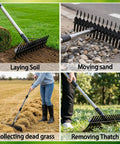 Heavy Duty Dethatching Rake With Stainless Steel Adjustable Handle 36 To 63 Inches Dual Sided Tines For Lawn Thatch Removal Aeration Moss And Dead Grass 2 In 1 Design Garden Landscape Tool For Soil Prep shown in various uses like laying soil and collecting dead grass.