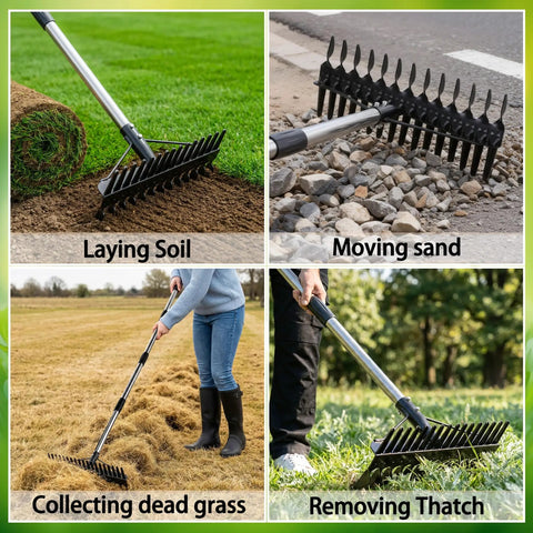 Heavy Duty Dethatching Rake With Stainless Steel Adjustable Handle 36 To 63 Inches Dual Sided Tines For Lawn Thatch Removal Aeration Moss And Dead Grass 2 In 1 Design Garden Landscape Tool For Soil Prep shown in various uses like laying soil and collecting dead grass.