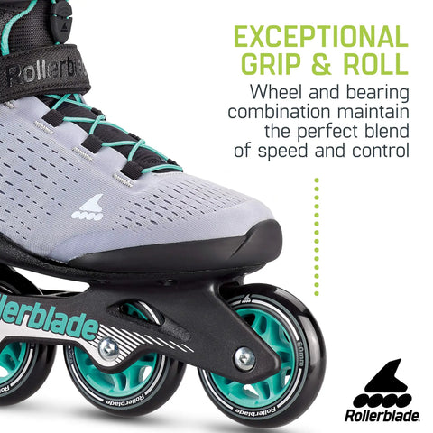 Close-up of Zetrablade Elite Women's Fitness Inline Skates showing comfort fit boot, 80mm wheels, buckle cuff, black and powder blue.