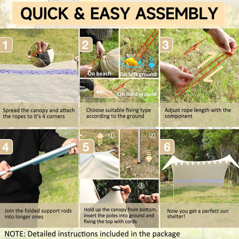 Assembly steps for 5 Person Beach Tent Sun Shelter With UPF50+ Protection, 8x7 Ft Portable Beach Canopy, shown on grass