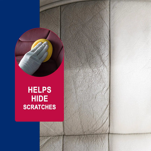 Leather Revive Leather Treatment 8 Oz deep clean restore and condition dry cracked squeaky leather shown on a chair surface.