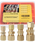 Brass Compression Reducing Union Kit 3/16 To 3/8 Inch OD, 20 Pack Plumbing Fittings displayed in front of labeled box
