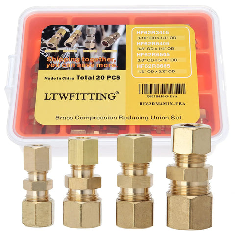 Brass Compression Reducing Union Kit 3/16 To 3/8 Inch OD, 20 Pack Plumbing Fittings displayed in front of labeled box