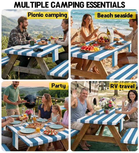 Road Trip Ready All Purpose Picnic Table Cover With Bench Covers Set on table at picnic, beach, party, and RV travel settings